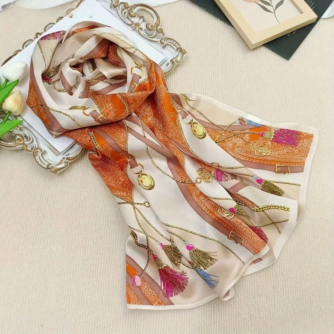 

100% Mulberry Silk Long Scarf for Women Oblong Shawls for Headscarf Neck- Oblong Hair Wraps Gift Packed Orange Horse Tack Print