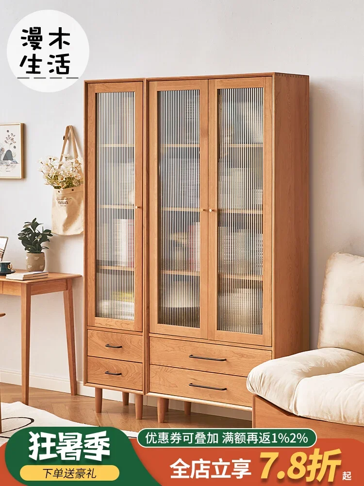 Nordic solid wood bookcase with glass door Log oak Cherry Japanese home combination bookshelf Floor shelf