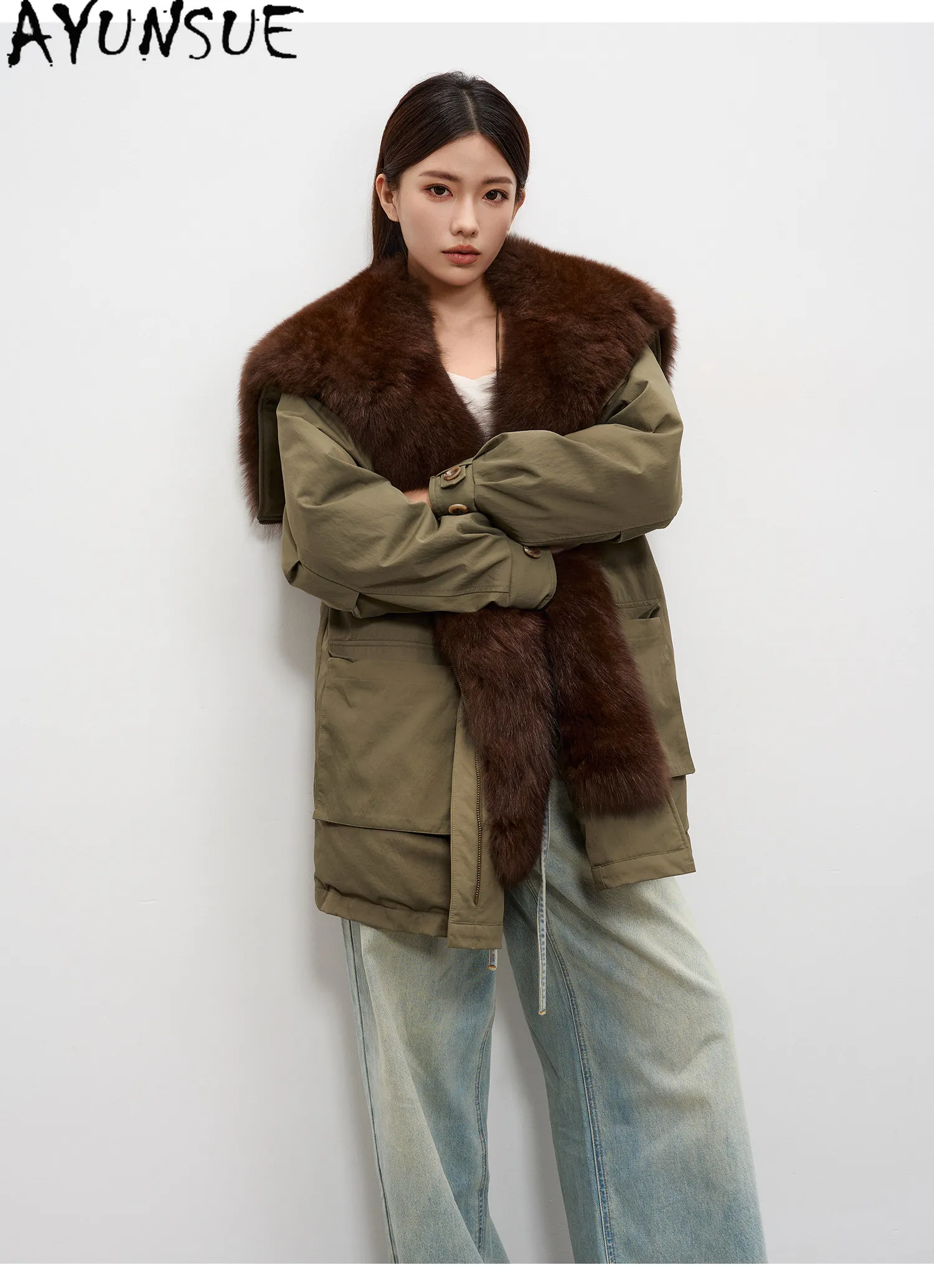 AYUNSUE 90% White Goose Down Coat Womens Winter Clothes Oversized Fox Fur Collar Mid Length Parka Female Loose Fit Clothing 2026