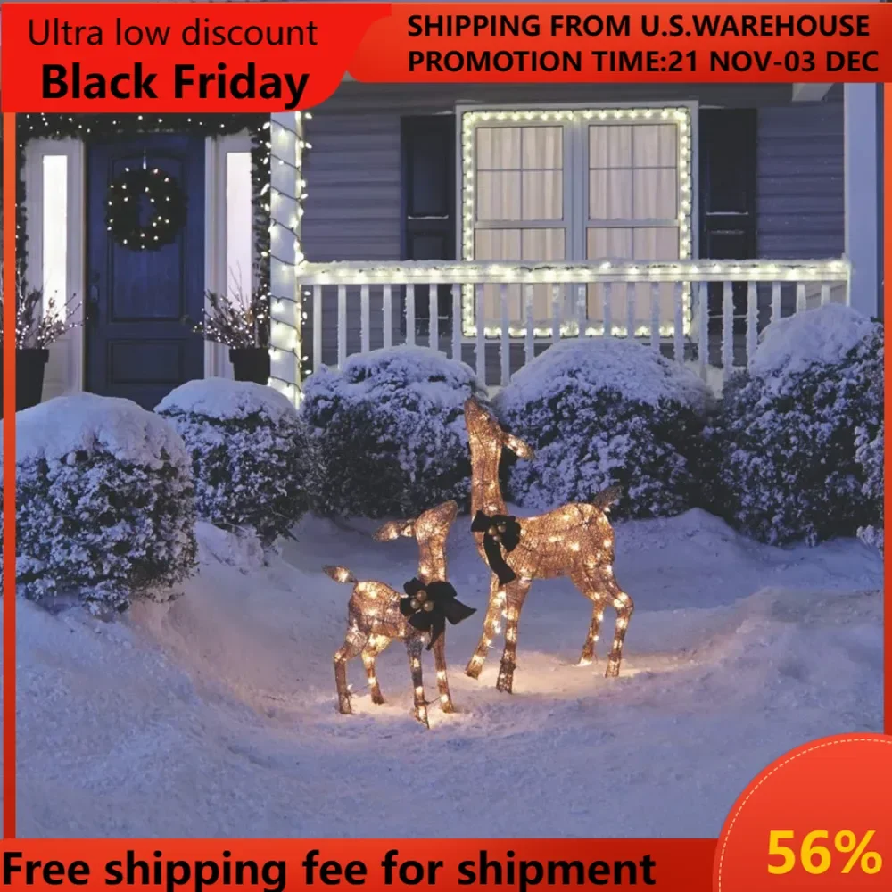 

Pre-Lit Metal Doe and Fawn Christmas Decoration with Bright Warm White LED Lights, Outdoor Holiday Lawn Decoration, Gold wi