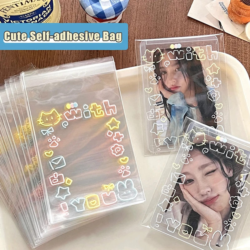 

50Pcs Transparent Cute Graffiti Kitten Self-adhesive Opp Bag Kpop Idol Photo Cards Protective Storage Bag Photocard Card Sleeves