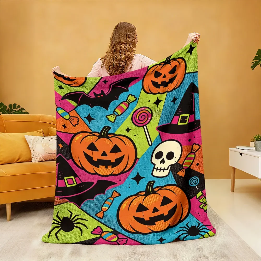 Spooky Halloween Throw Blanket Fun Pumpkin Ghost Witch Candy Corn Pattern Cozy Decor for Fall Party 150x200cm