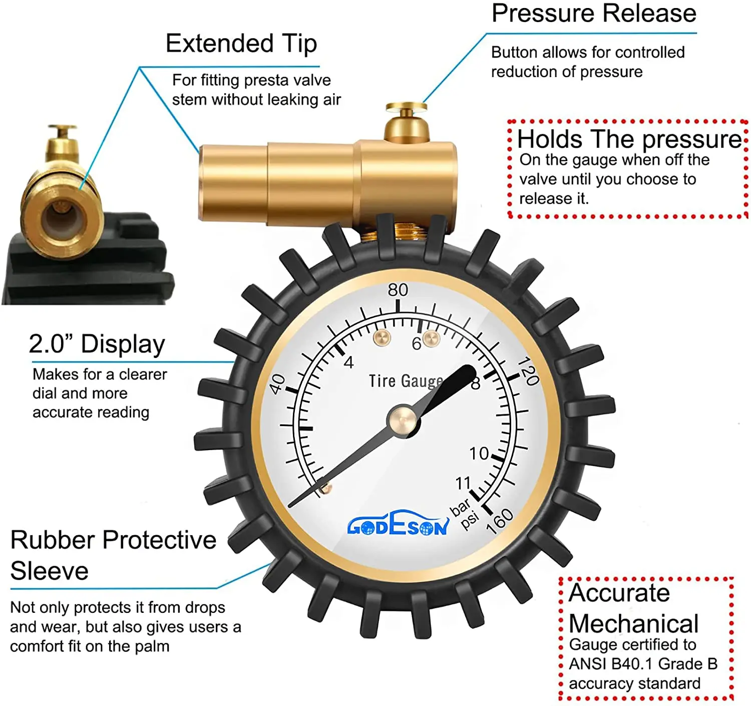 ATsafepro Presta Valve Pressure Gauge Air Pressure Relief for Road Bicycle Tires Range to 160 PSI 30 BAR Bike Pressure Gauge