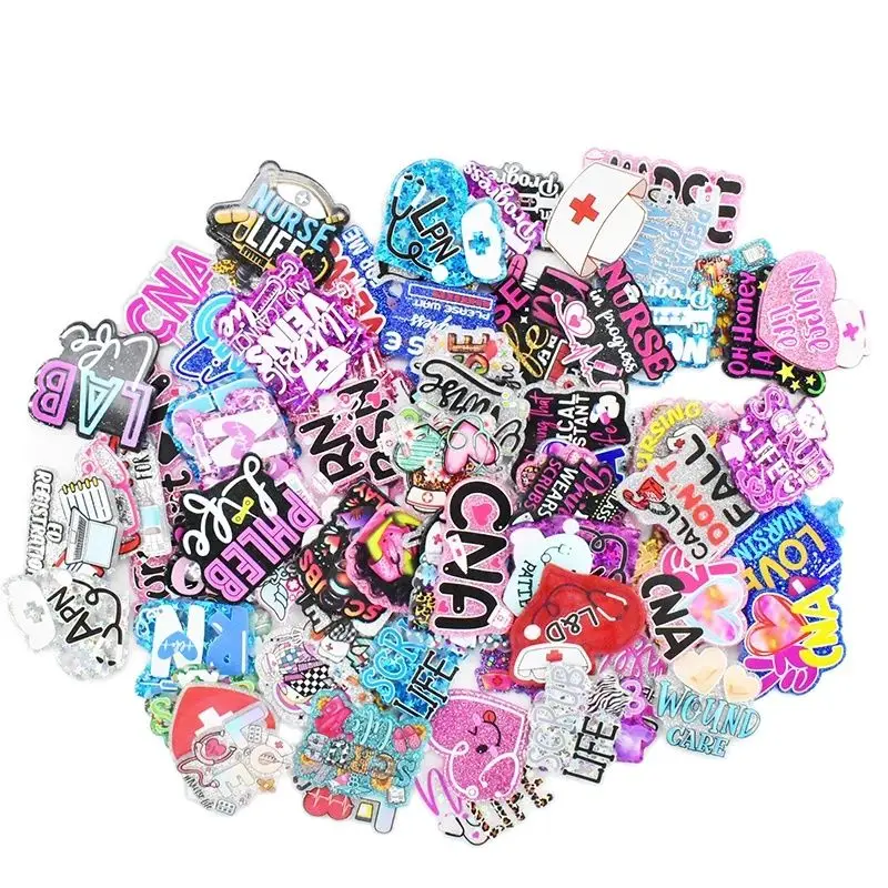 

Mixed 48MM Glitter Acrylic CNA RN Nurse Hat Heart Charm Fit DIY ID Card Badge Holder Jewelry Making 20/50PCS