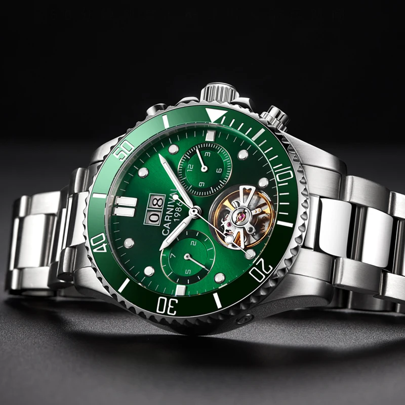 CARNIVAL Luxury Brand Tourbillon orologio meccanico da uomo quadrante verde 316 cinturino in acciaio luminoso orologi automatici da lavoro