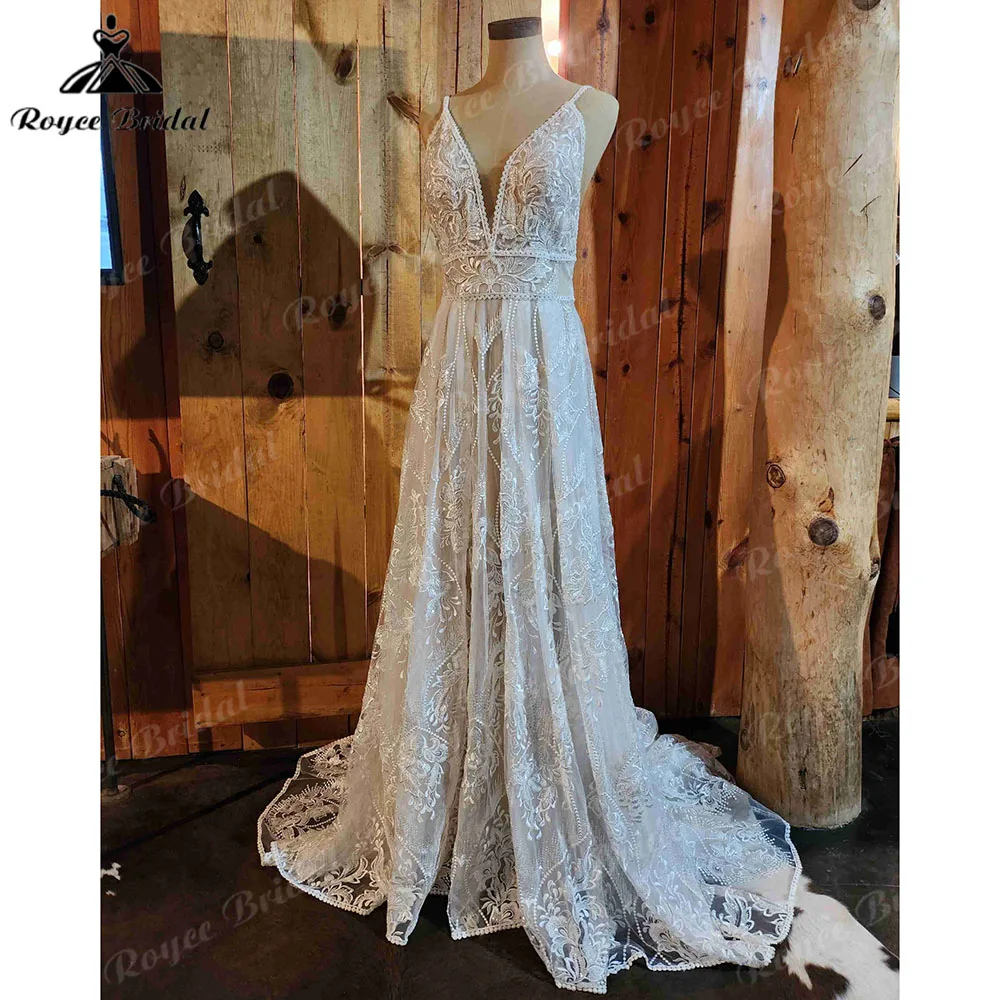 Vintage głęboki dekolt w serek koronkowa suknia ślubna do podłogi paski Spaghetti Backless 2023, suknia ślubna dostosowane Roycebridal