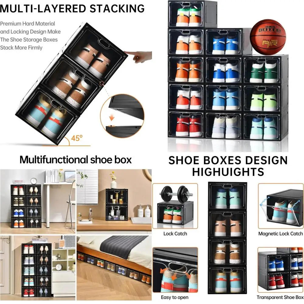 

Штабелируемый прозрачный ящик для хранения обуви с магнитной дверцей, простая сборка, подходит для американского размера 12, черный