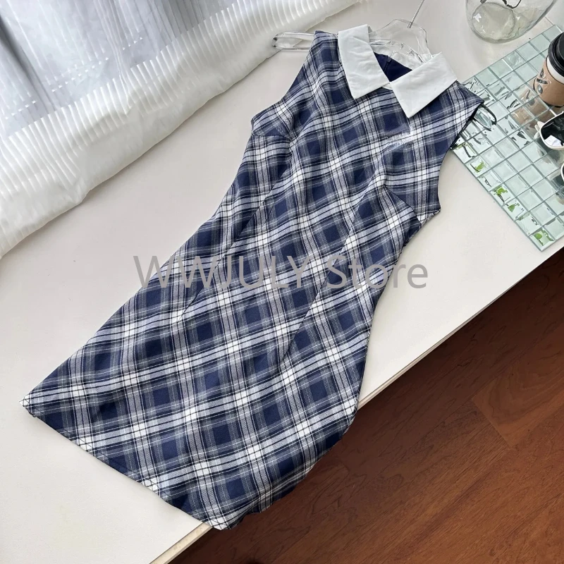 2024 Korean Fashion Graduation Mini Gyaru Plaid Preppy Sleeveless Dress Women 2000s Frocks Mori Girl One-Piece Aesthetic Party