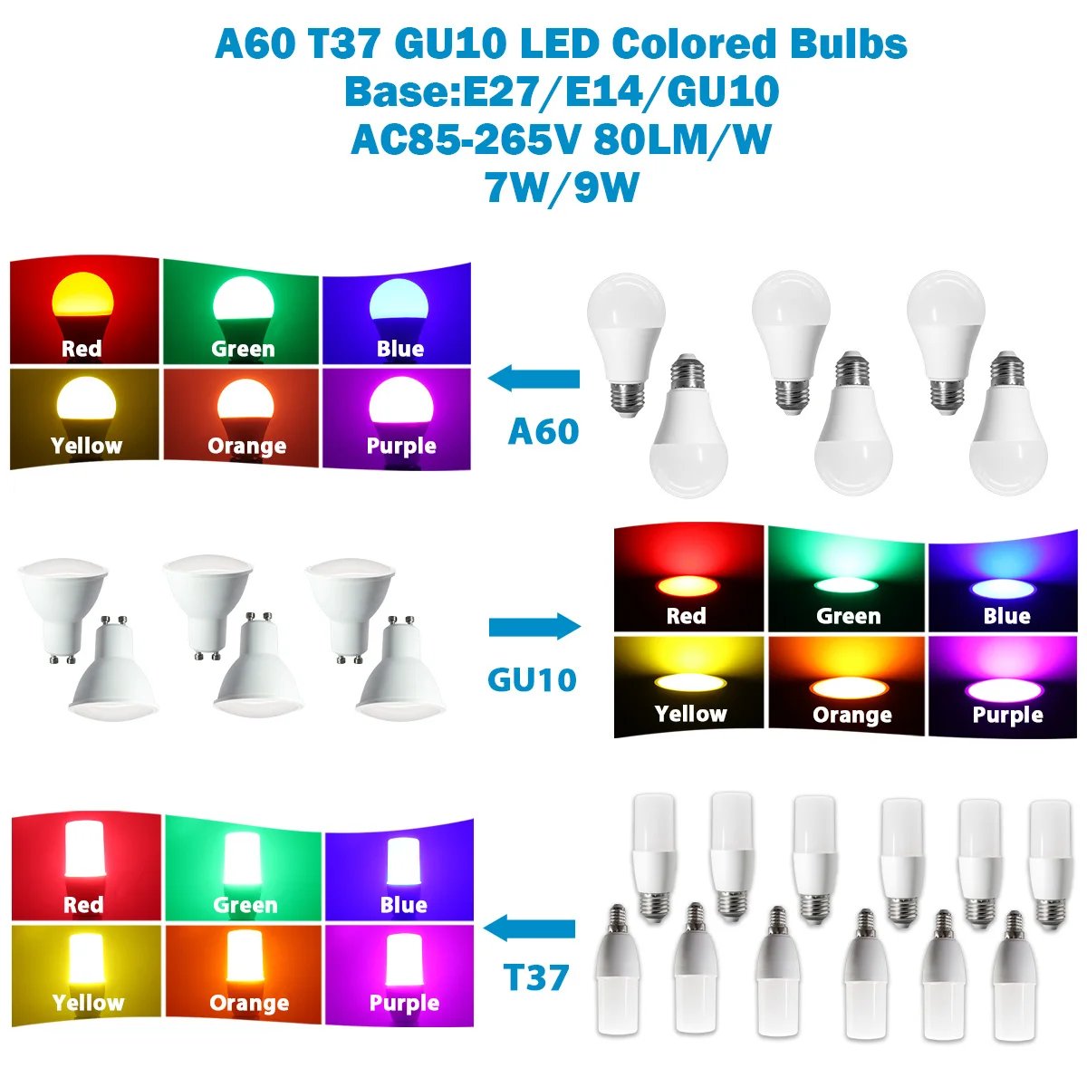 10PCS E14 E27 GU10 LED Bulb Lamp Color Lighting AC 220V 110V RED Green Blue  Orange  Yellow Purple Lighting for Home Foyer Derec