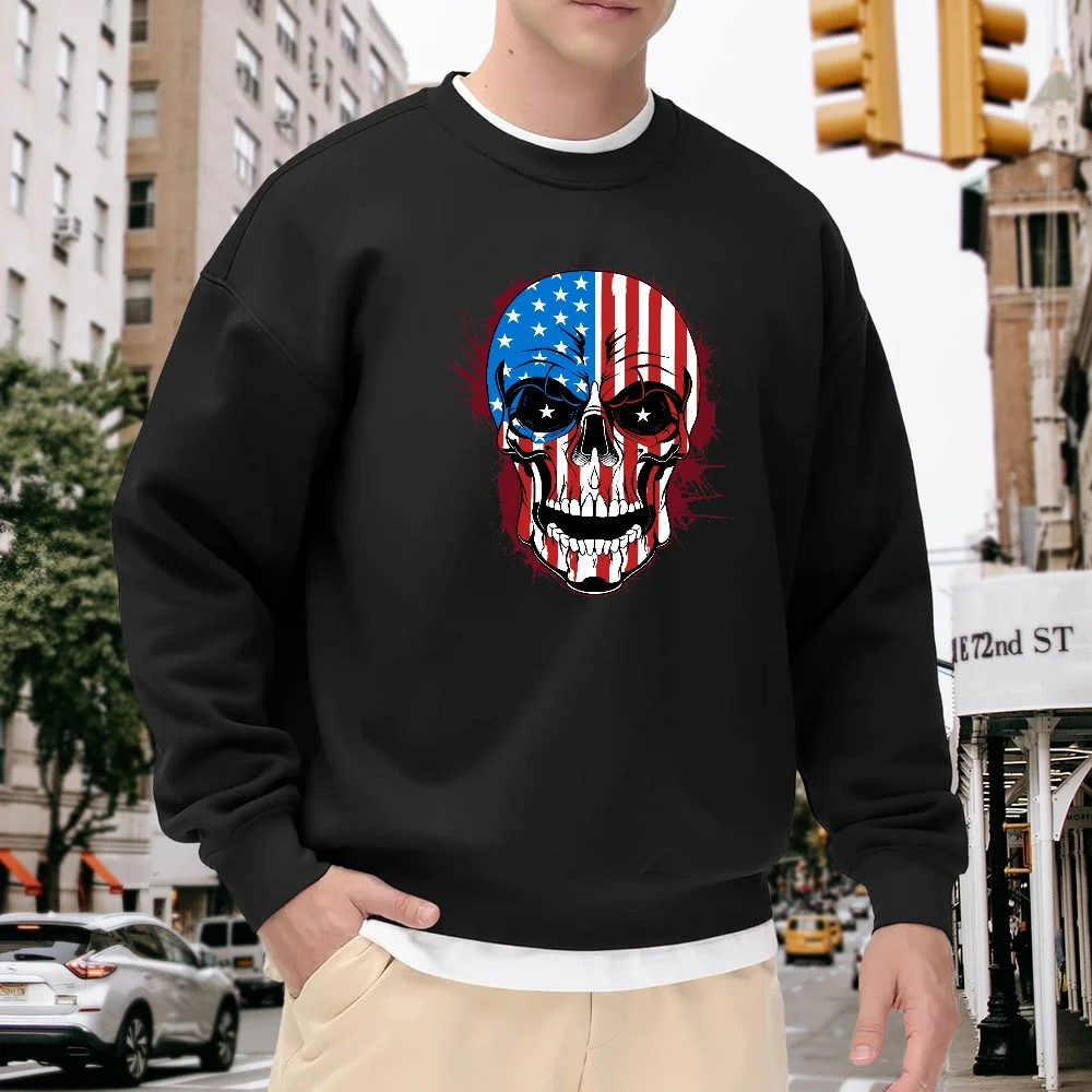 

Men's Black Crew Neck Pullover Sweatshirt with Unique Skull and American Flag Print, Loose Casual Street Style, Trendy Top for Everyday Wear