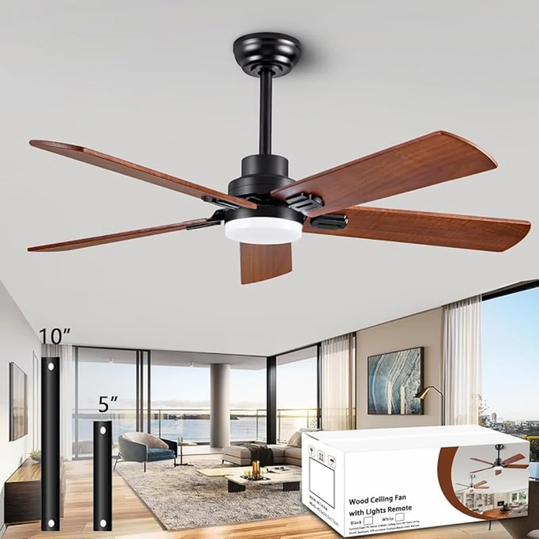 42 52 Inch Solid Wood Retro Ceiling Fan Light, Dining Room Living Room Ceiling Fan Integrated Light, 6-Speed Variable Frequency