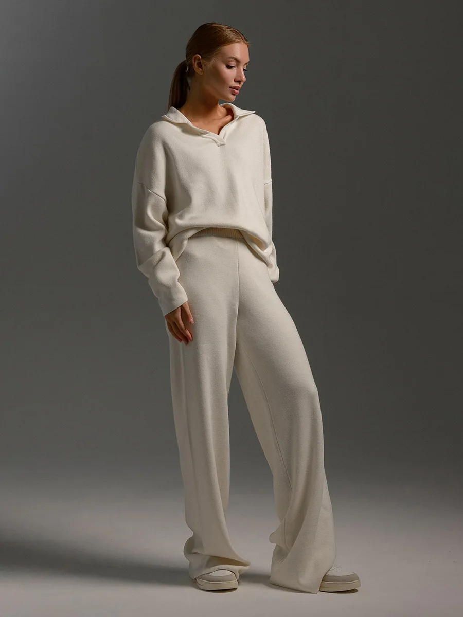 Autumn Elegant Women's Polo Sweater Knitted Wide Leg Pant Suits 2 Piece Sets Trousers Outfit Ensembles Pulls Pants Matching Set