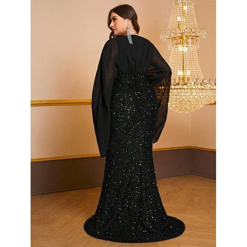 Plus Size 4xl 5xl Fishtail Floor-Length Evening Dress, Sequined, Chiffon, Long-Sleeved, V-Neck, Big Size, Luxury, Plus Size