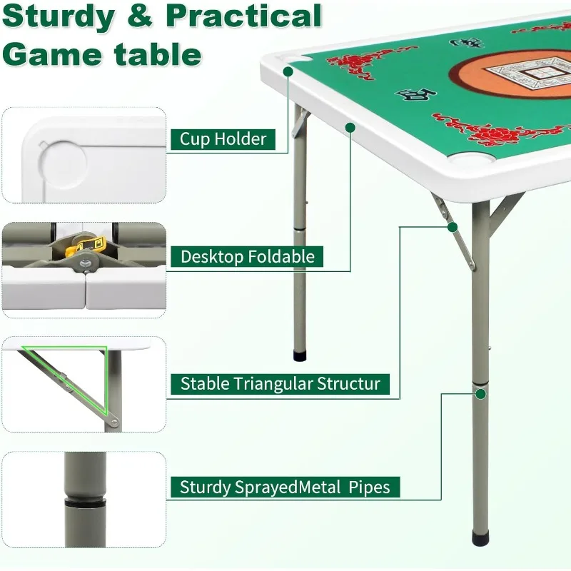 

35 Inch Folding Mahjong Table - Portable Square Game Table w/ 4 Built-in Cup Holders, Removable Anti-Slip Mat & Top