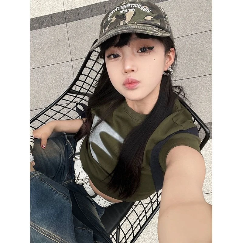 

HOUZHOU American Retro T-shirts Women Y2k Harajuku Spicy Girl Slim Up Crop Tos Vintage Grunge Short Sleeve T-shirts Streetwear