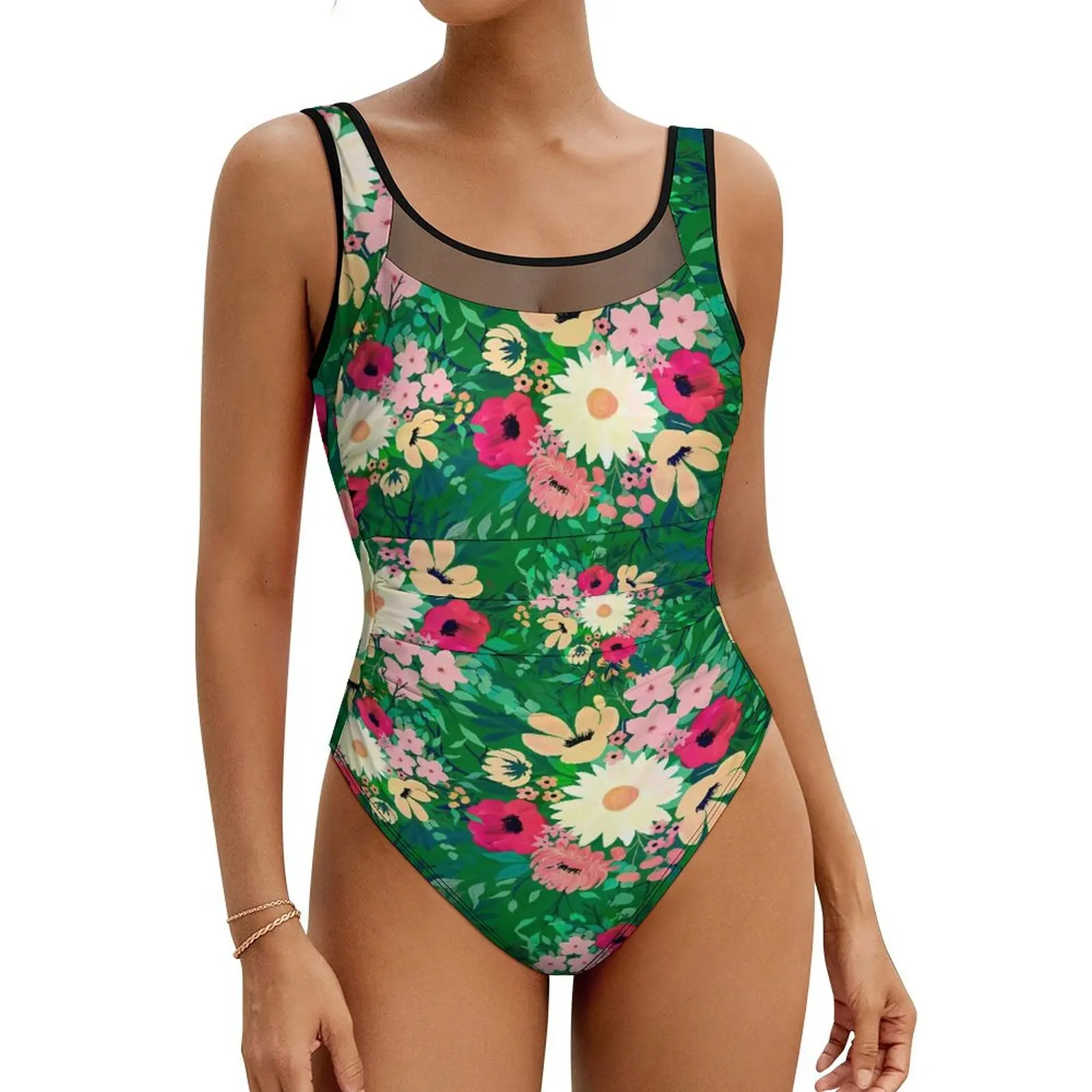 Colorful Daisy Swimsuit Sexy Watercolor Floral One-Piece Swimwear Push Up Swimsuits Vintage Holiday Swim Bathing Suit