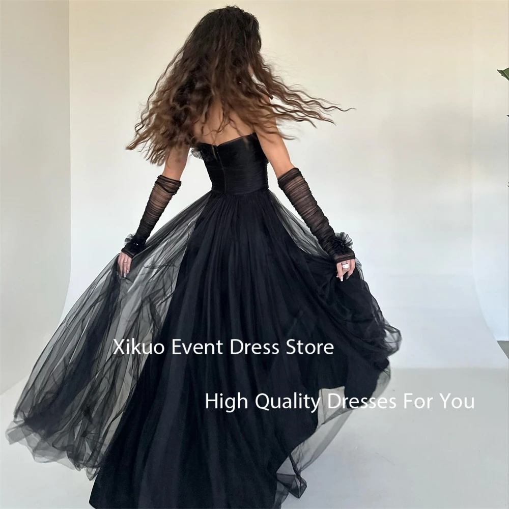 Xikuo Elegant Black Tulle Evening Dress Saudi Arabia A Line One Shoulder Vestidos De Gala 3D Flower Pleated Prom Gown Customized