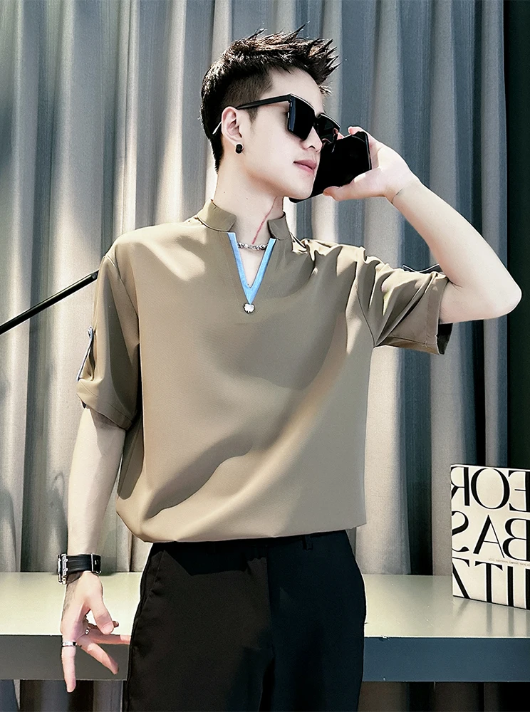 Khaki Short Sleeve Ice Silk V-Neck Men's Casual Shirt Breathable Lightweight Summer Fashion Loose Fit  Color Five Sleeve...
