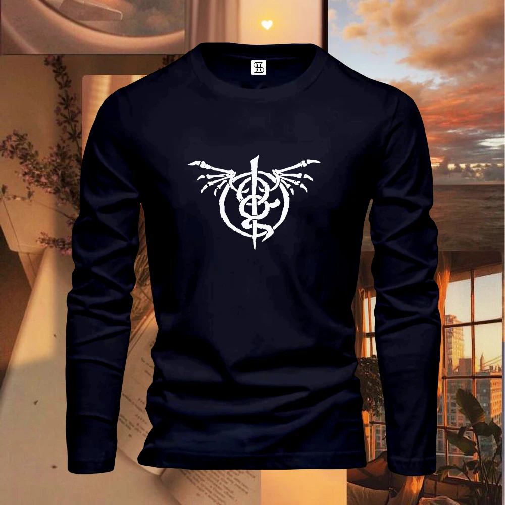 

Men's cotton loose fit plus size comfortable casual sports totem printed Spring and Autumn round neck long sleeved T-shirt tops