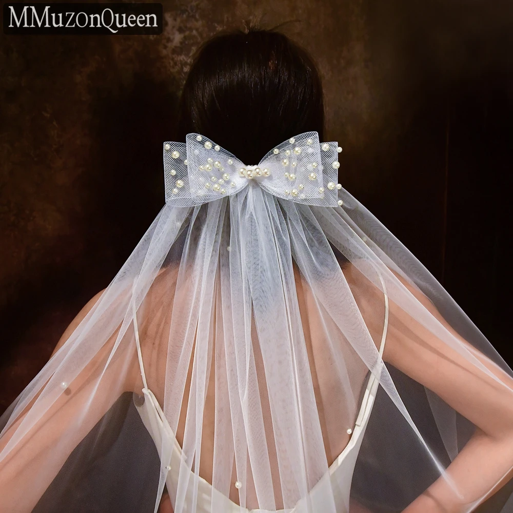 MMQ M39 Bow Beaded Bridal Veil Pearls Tull Veil With Comb 1 Tier Color Wedding Veil Finger Tip Wedding Accessories