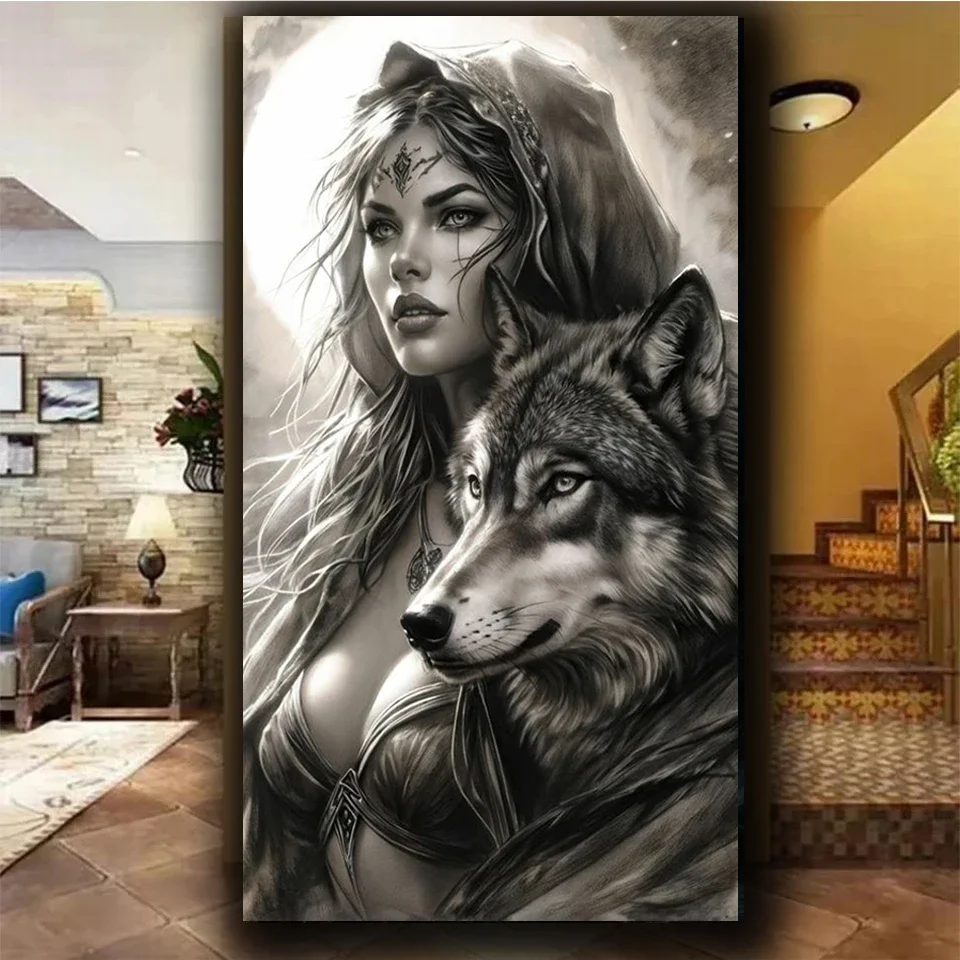 Black White Wolf Woman DIY Diamond Art Painting Large Size Full Square Round Diamond Mosaic Portrait Animal For Home Decor