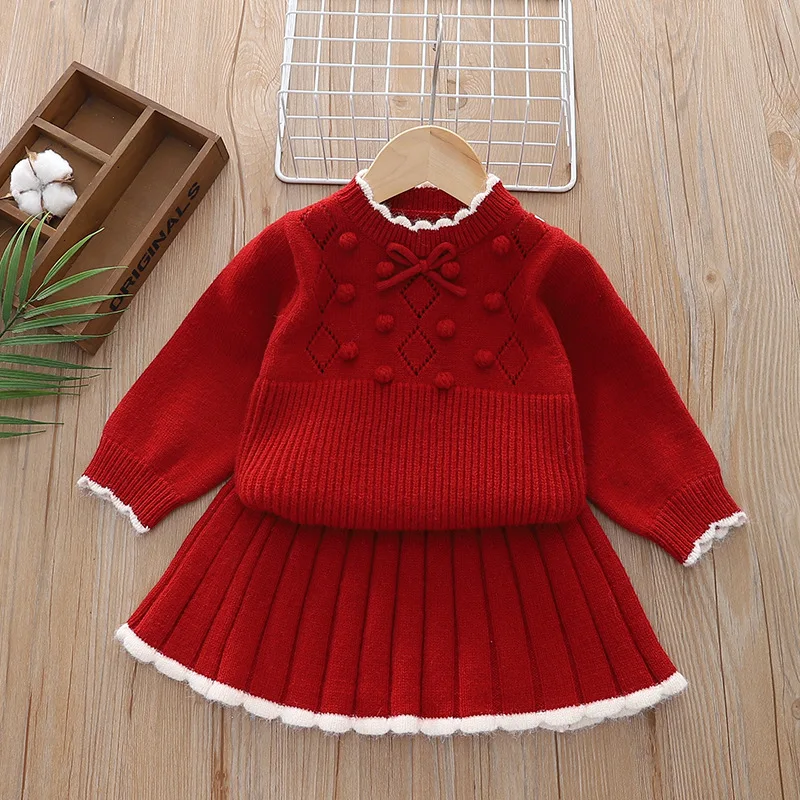 

Autumn Winter Children Girl Sweater Outfits Bow Argyle Knitted Sweater Suit Soft Solid Pleated Skirts Baby Girl 2PCS Clothes Set