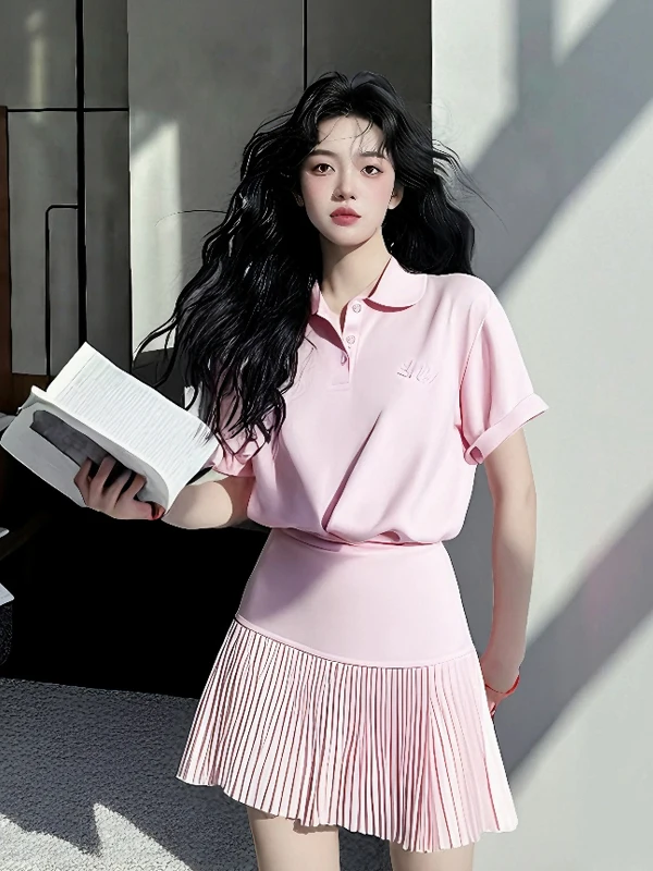 Tenue d'été rose Ne t-shirt jupe ensemble décontracté Anti-âge taille haute jupe trapèze ort Sve mi-longue printemps Faion