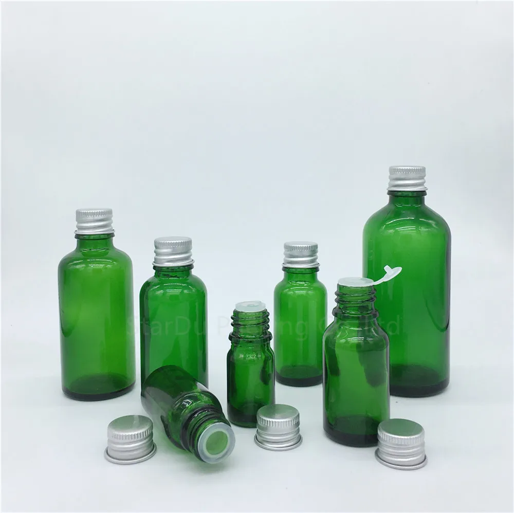 Flacons en verre vert avec couvercle en aluminium, flacons d'huile essentielle, parfum HI, 5ml, 10ml, 15ml, 20ml, 30ml, 50ml, 100ml, 100 pièces