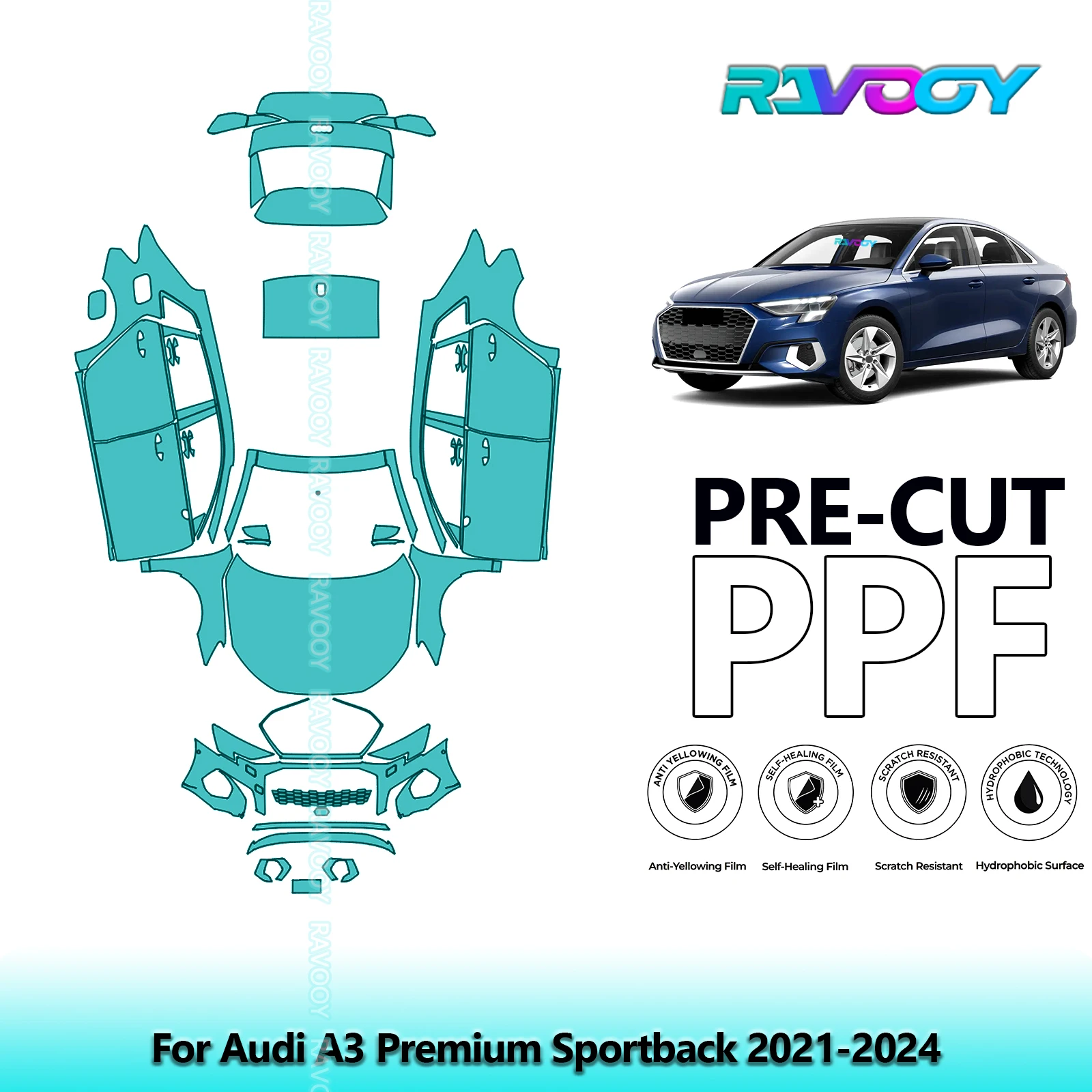 

Full Vehicle Clear Bra Precut PPF Paint Protection Film For Audi A3 Premium Sportback 2021-2024
