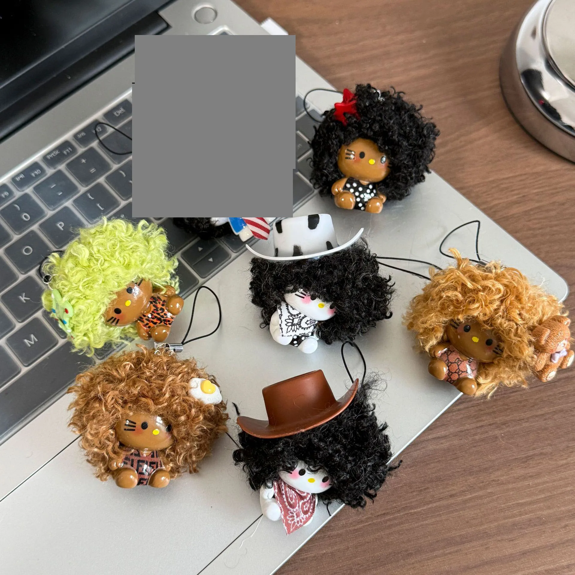 

kt Black Skin Hello Kitty Curly Hair Plush Stuffed Keychain Camera Chain Backpack Phone Hanging Ornament Girl Birthday Gift