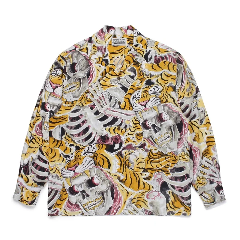 WACKO MARIA Mens High Street Casual Trendy Tiger Totem Skull Full Print Hawaii Long Sleeve Shirt Womens Brand Shirt