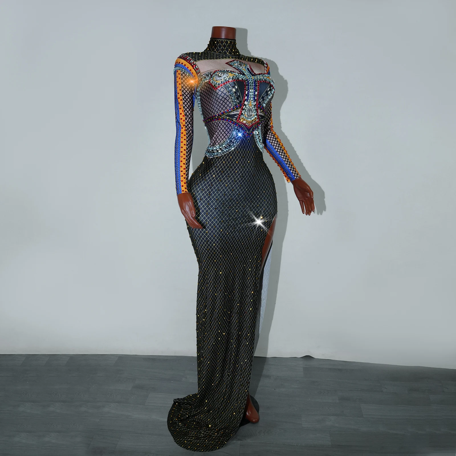 럭셔리 스파클 라인스톤 할로윈 롱 드레스 (테일 포함) 섹시 파티 클럽 DS 댄스 공연 드랙퀸 무대 페스티벌 의상