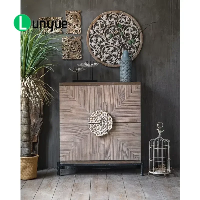 Modern Rustic Vintage Farmhouse Solid Wood 2 Door Carved Cabinet Living Room Furniture Home Decor Storage