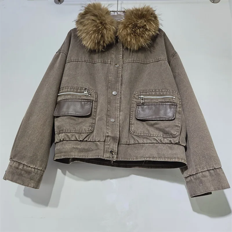 Removable Imitation Raccoon Fur Collar Denim Velvet Jacket Women's 2026 Winter New Short Model PU Leather Pie Overcome Commuting
