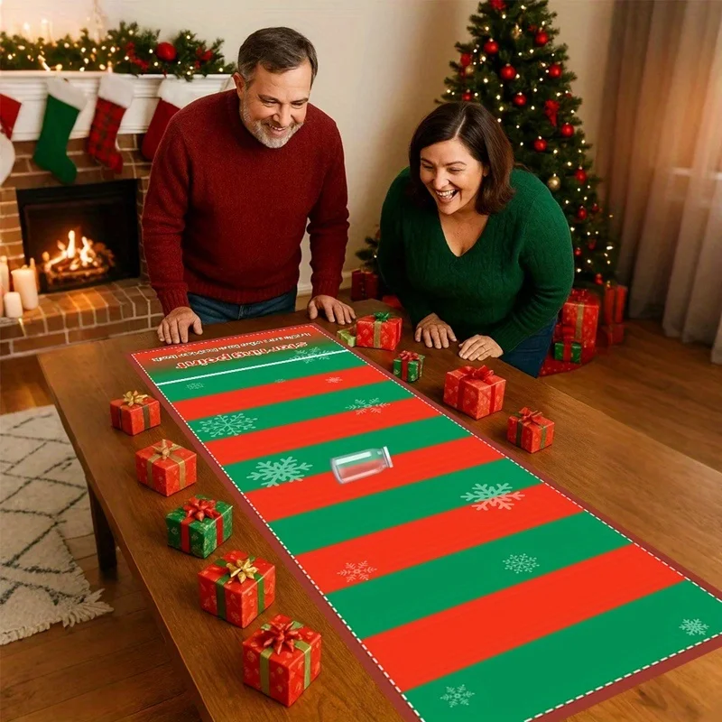 1pc Christmas Scrolling Game Score Reel Red and Green Striped Tablecloth with Snowflake for Family Gatherings and Festive Party