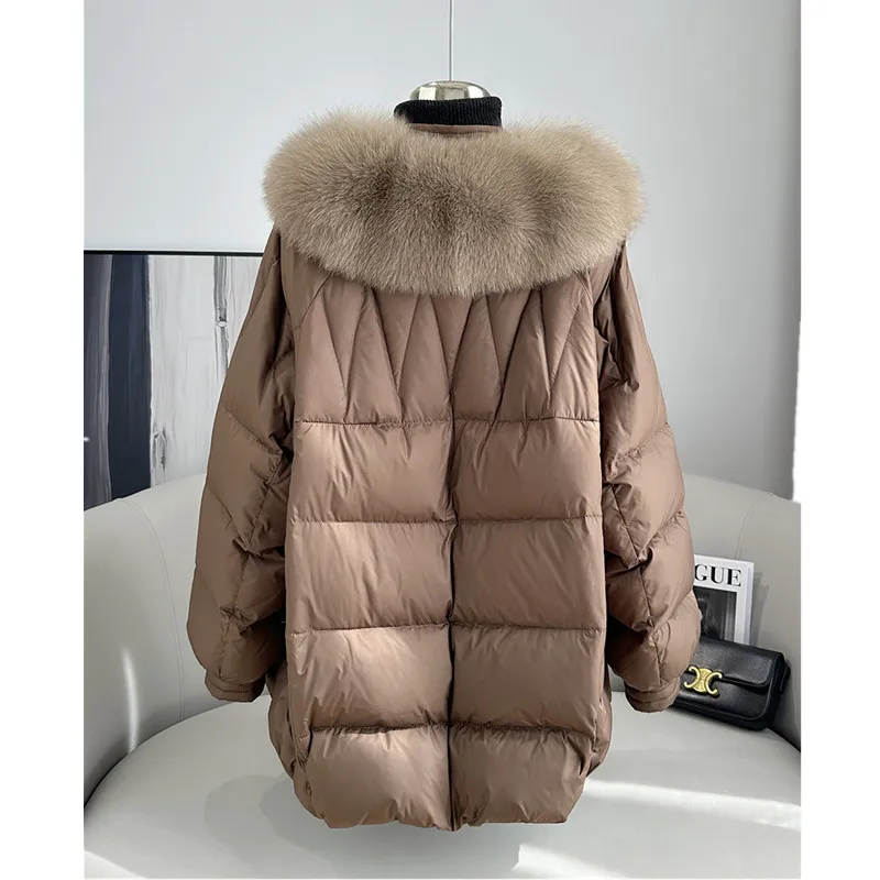 Chaqueta de plumón de piel de longitud media para mujer, abrigo de plumón de ganso, cuello de piel de zorro grande, abrigo de café, Otoño e Invierno