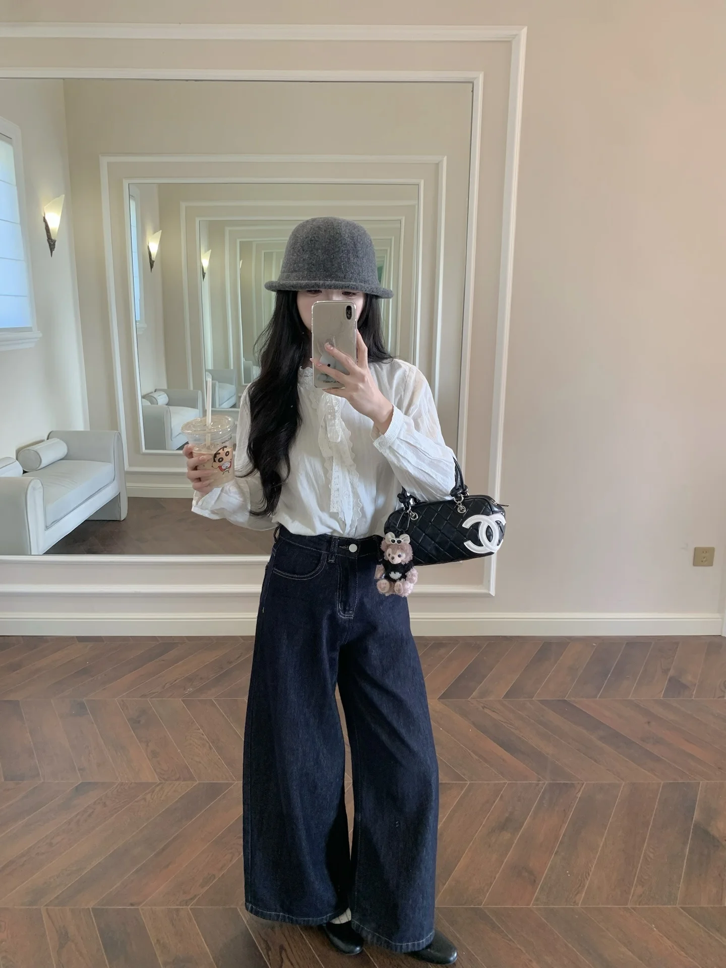 

Spring Summer Small Size Wide Leg Jeans Nine Point Straight Cut Loose Fit Women's Casual Trousers Multi ket l Waist