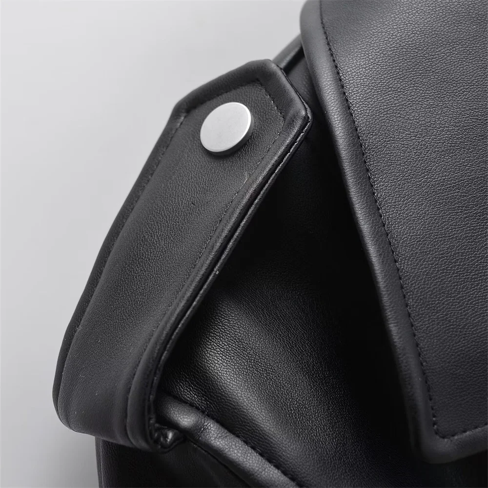 TRAF 2024 Autumn New Product Women\'s Flip Collar Long Sleeve Zipper Decoration Belt Leather Motorcycle Jacket Coat