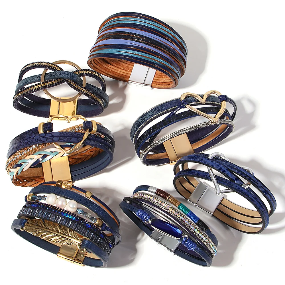 ALLYES Retro Blue Leather Bracelets for Women Men Boho Charm Pearl Crystal Heart Multilayer Wrap Bracelet & Bangle Jewelry Gifts