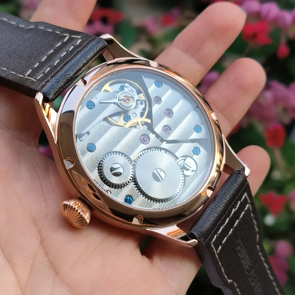 No logo 44mm Rose gold case Blue dial Pilot style Men\'s hand mechanical watch AR mineral glass or AR sapphire crystal ST3600