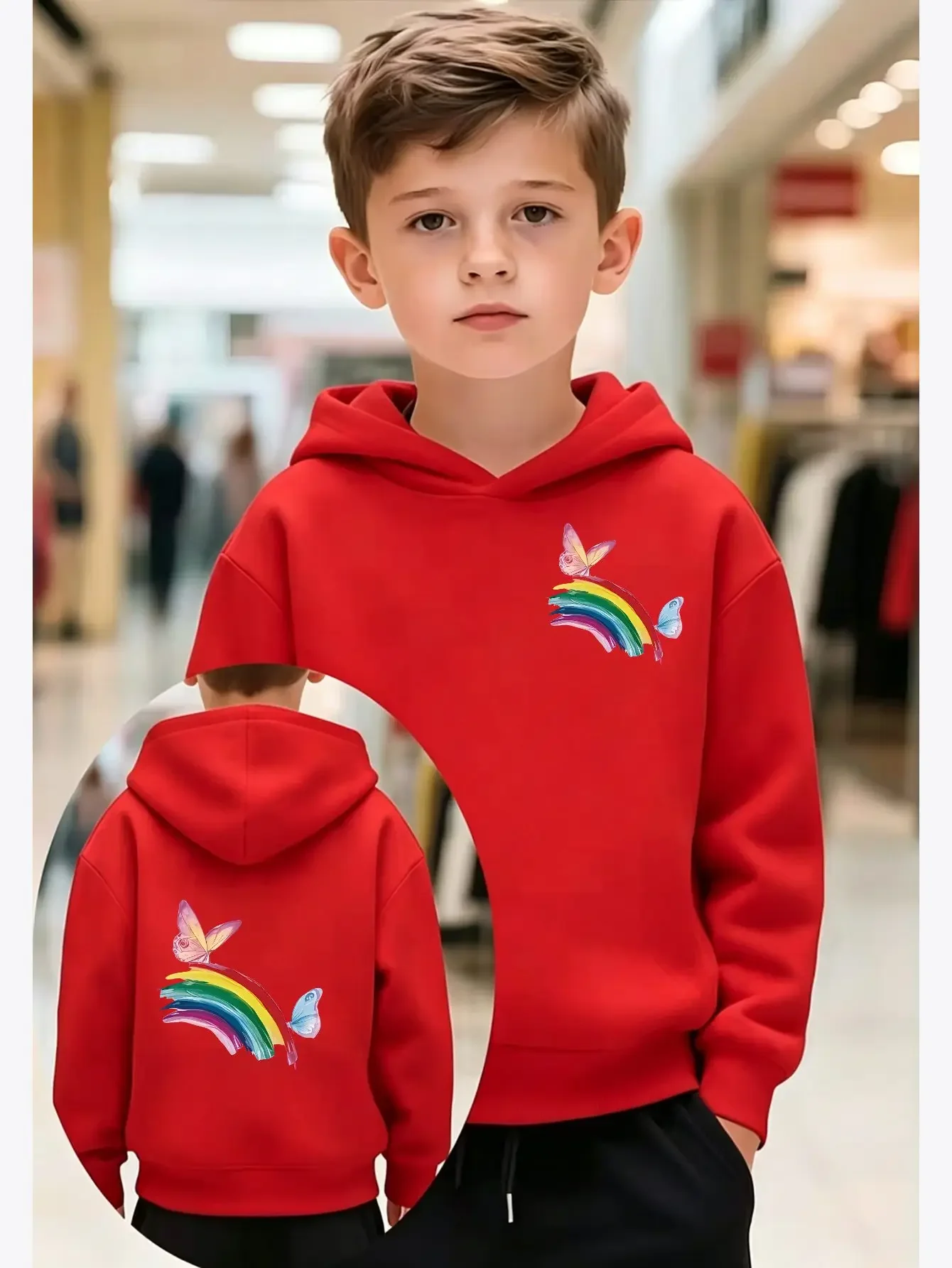 Korea Hot Rainbow Butterfly Watercolor Graphic Hoodie Unisex Kids Casual Pullover Hooded Sweatshirt Loose Fit Autumn