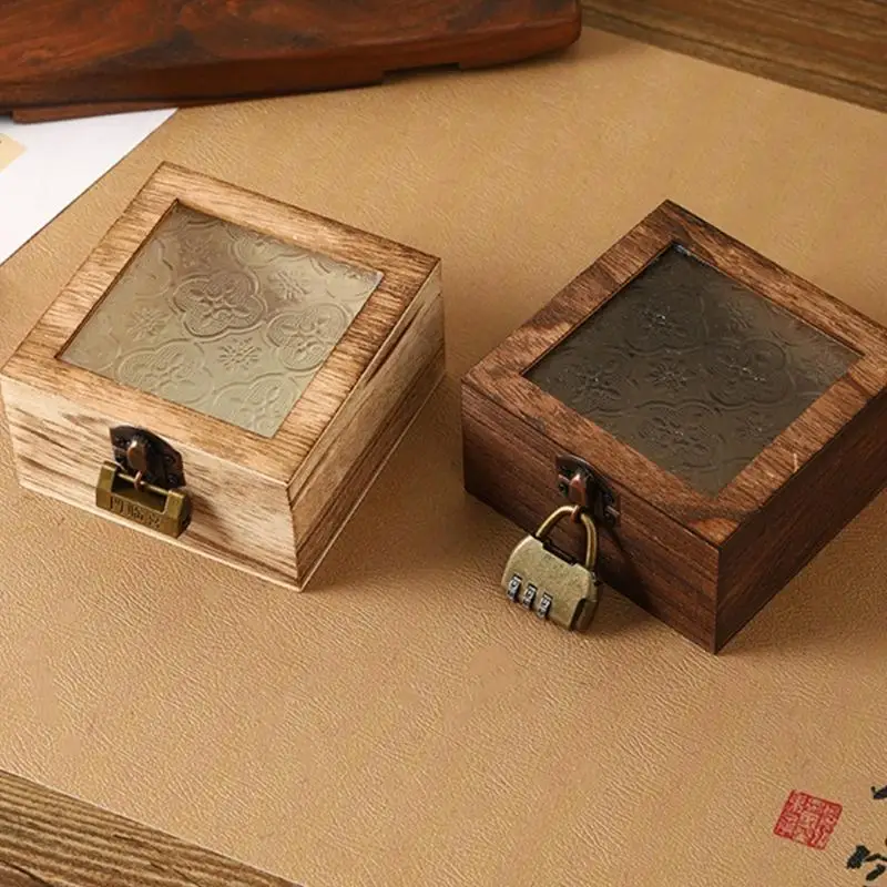 صندوق تخزين المكياج الخشبي مع غطاء زجاجي مزين بالزهور منظم مجوهرات مقاوم للخدش لتزيين مضمد 964A