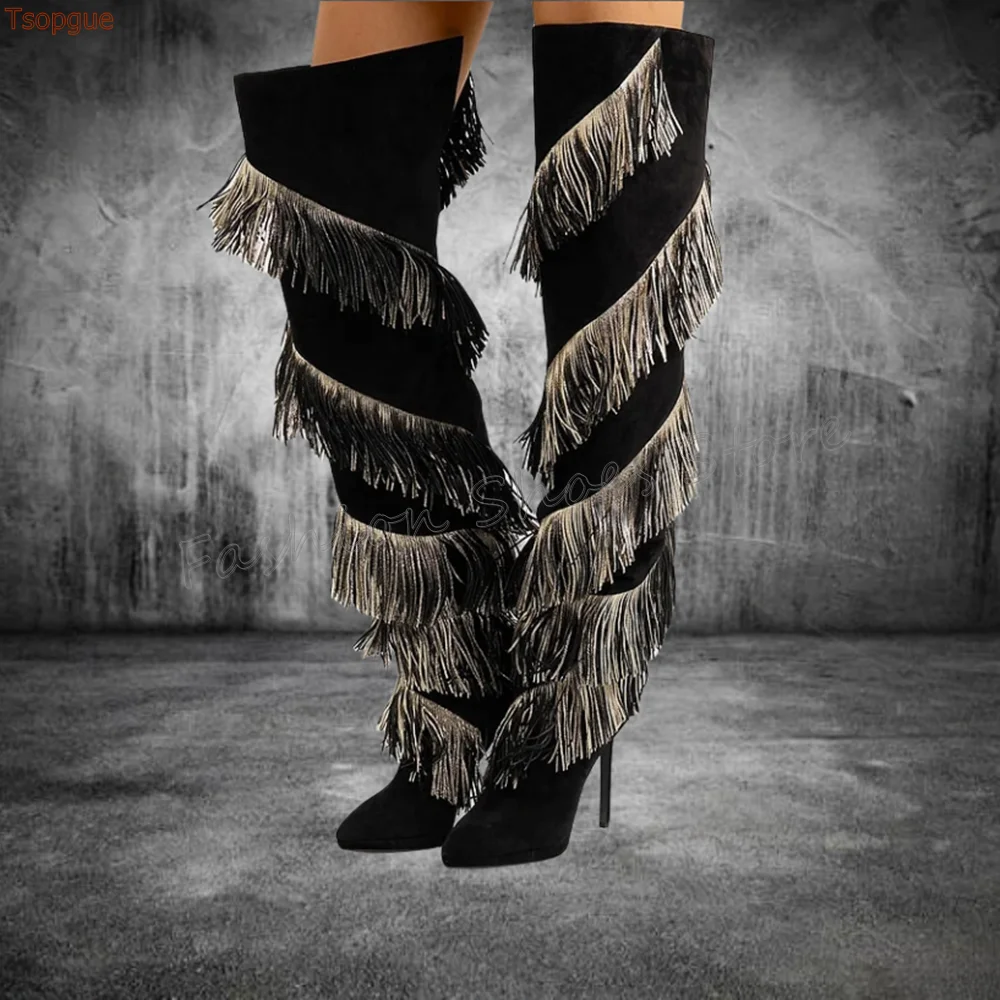 Black Tassels Decor Pointed Toe Boots Stilettos High Heels High Heel Shoes for Women Fashion Heels 2025 New Zapatos Para Mujere