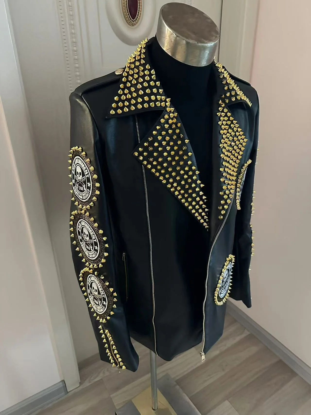 Veste en cuir Cool de style Punk, imprimé tête de mort, Rivets, veste de moto, fête, Bar, Club, vêtements de danse, Costumes de spectacle sur scène