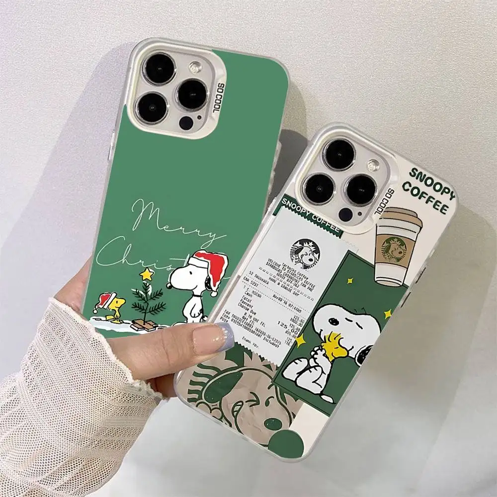 Cute Cartoon S-SnoopyS Coffee Phone Case Color Silver Shell For LPhone 17 16 16e 15 14 13 12 11 Pro Max Plus