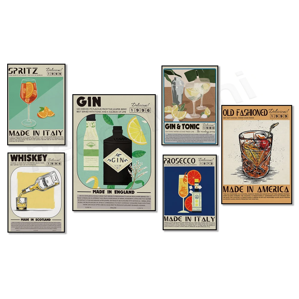 Póster divertido de cócteles, ginebra, martini, mojito, margarita, tequila, licor de naranja y lima, negroni, decoración de bar de cocina para whisky
