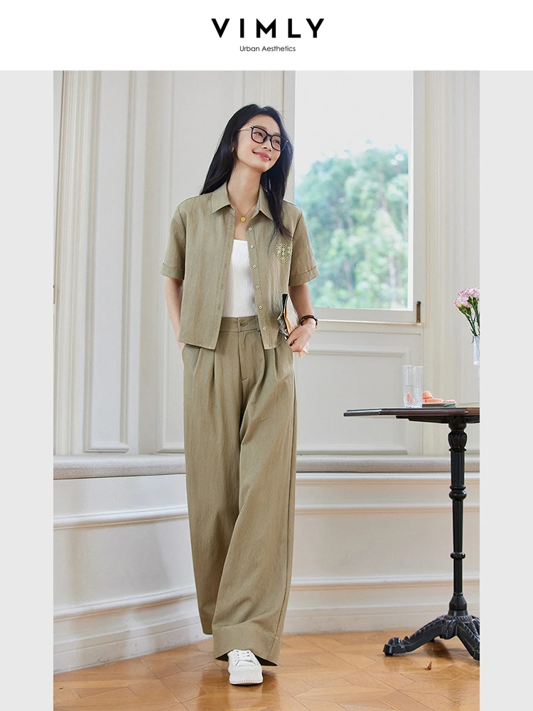 

VIMLY Casual Commute Pant Sets Women's Suit 2025 Summer Heart-shaped Lace Shirts Wide Leg Pants Two-piece Matching Set A1176