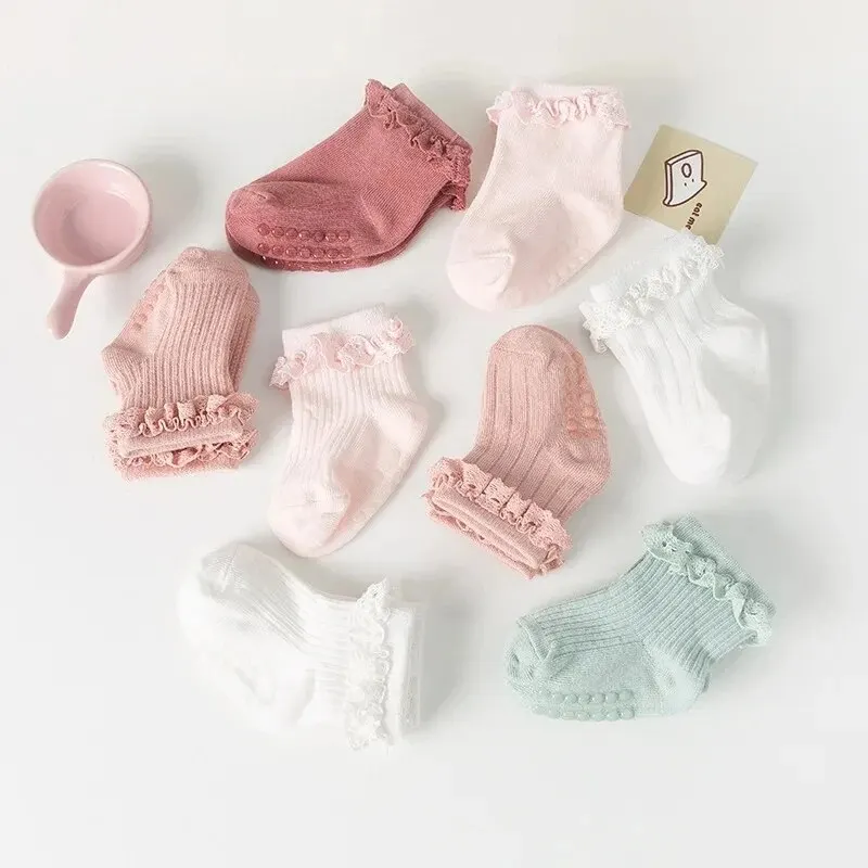 Baby Girl Sweet Lace Socks Anti Slip Adhesive Point Solid Color Cotton Infant Girls Sock Breathable Kids Girls Floor Socks