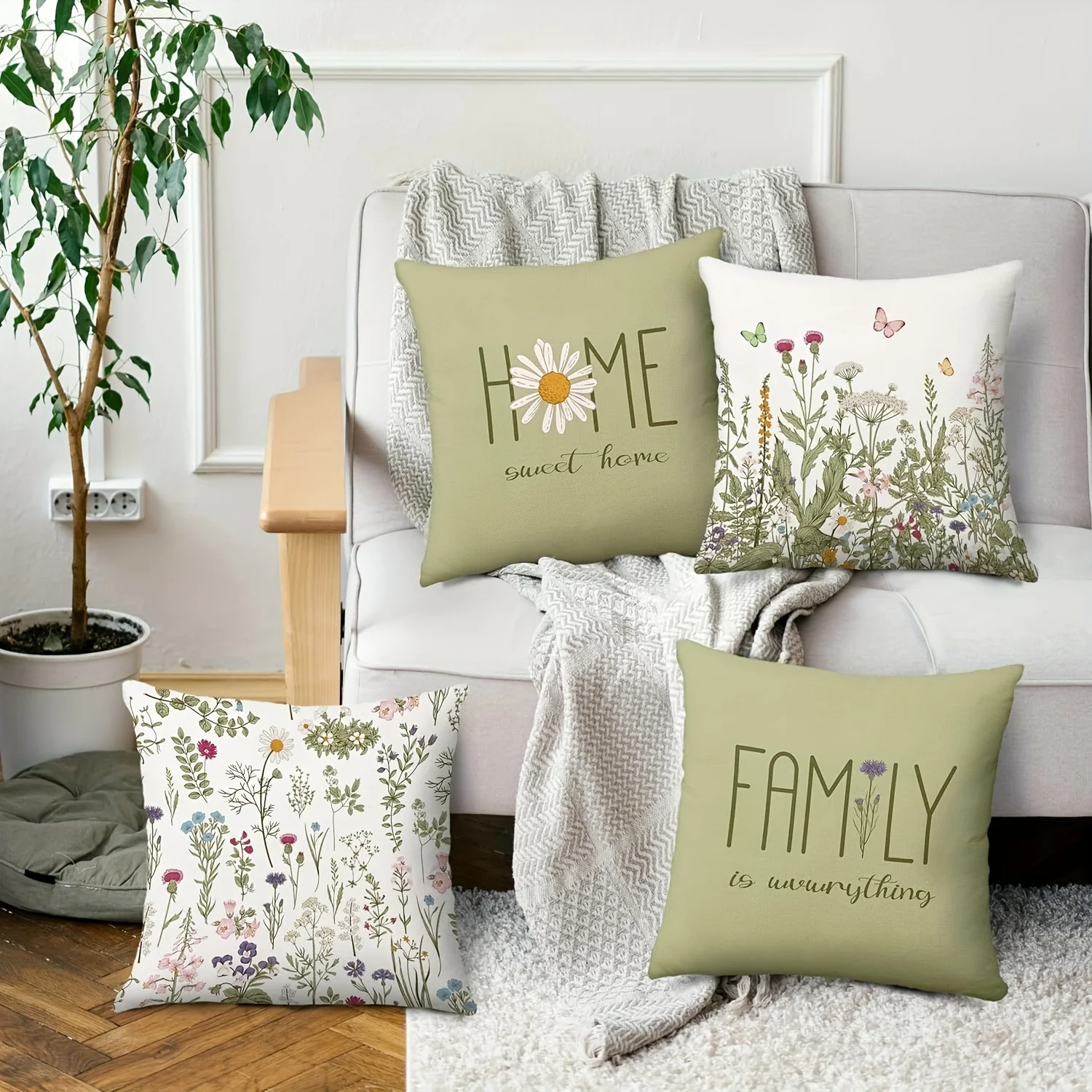4 fundas  almohada vintage floral en ver pálido y estilo hogareño rústico - Estampado  un solo lado con cierre, acuadas