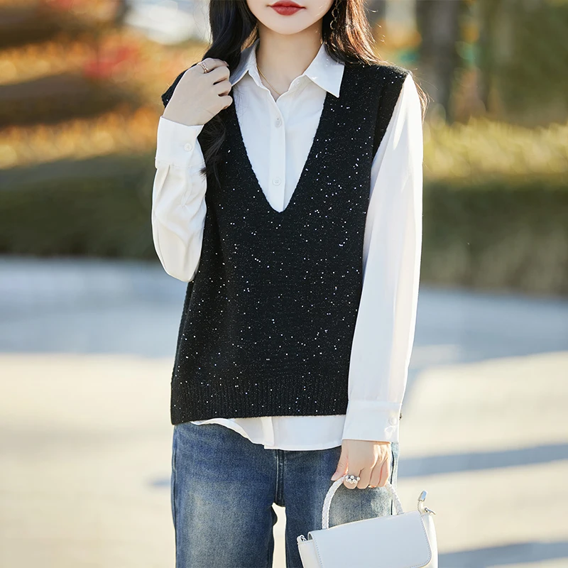 Classic Big V Collar Australian Wool Vest Women's knitting NEW Pullover Sequin decoration Sleeveless High quality Loose Tops